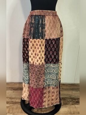 Sacred Threads Patchwork Maxi Skirt - Teal, Burgundy, Beige